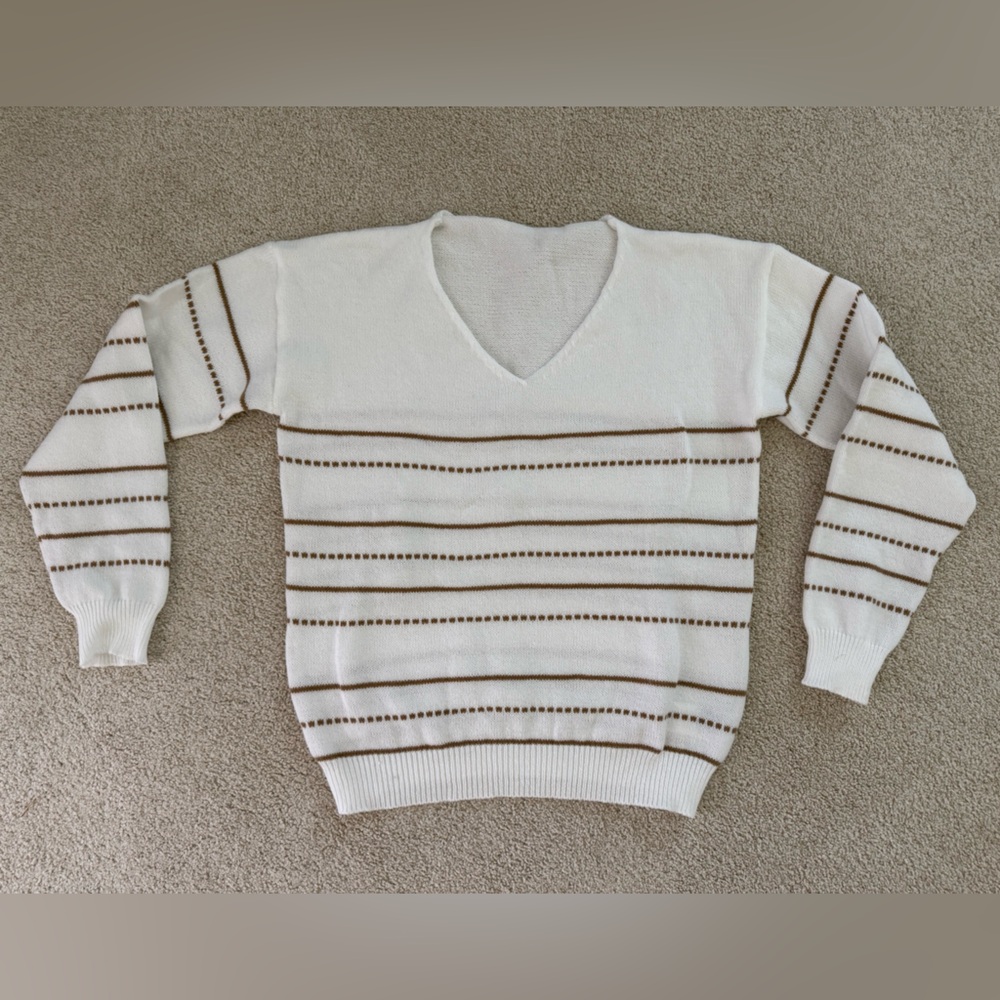 SHEIN Cream V-Neck Knit Sweater with Brown Stripes